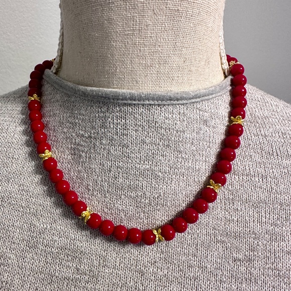 SOLD.  Handmade, Beadded, Red Coral Necklace, 18K gold plated findings, - Picture 3 of 10